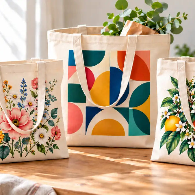 Full-color DTF printed canvas tote bags with floral, geometric, and botanical artwork on natural cotton