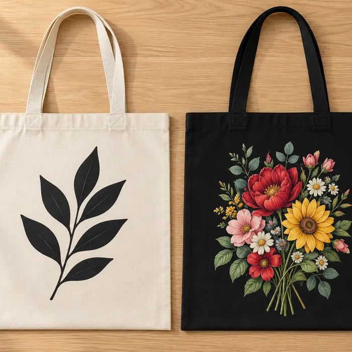 Natural canvas tote with a one-color screen printed leaf next to a black canvas tote with a full-color DTF floral print