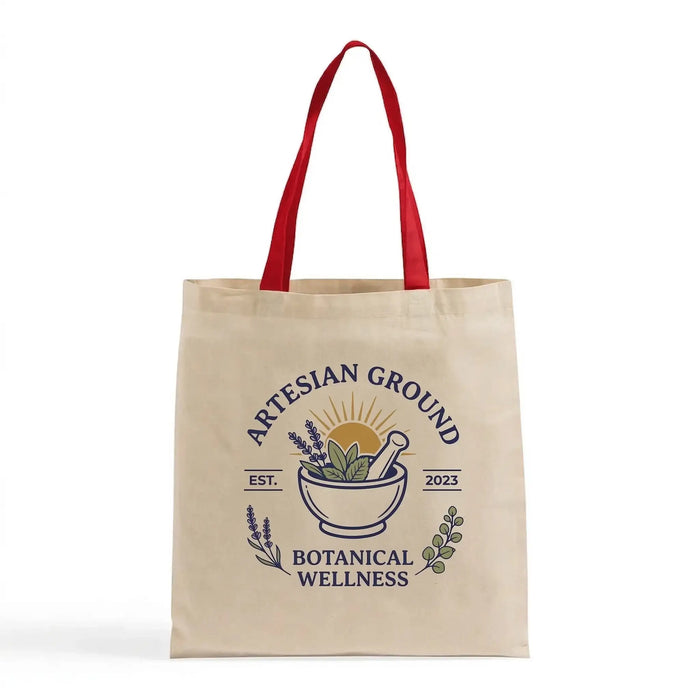 Custom Canvas Tote Bag with Colored Handles — Natural Body, 8 Handle Colors, Screen Print & DTG