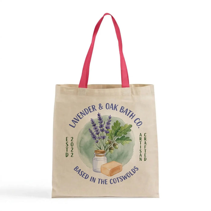 Custom Canvas Tote Bag with Colored Handles — Natural Body, 8 Handle Colors, Screen Print & DTG